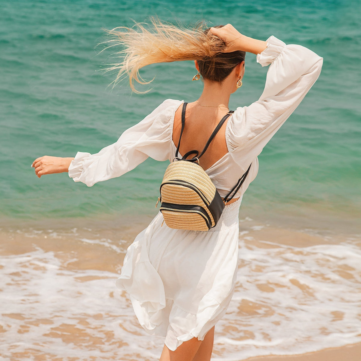 CELIA - Straw & Vegan Leather Backpack