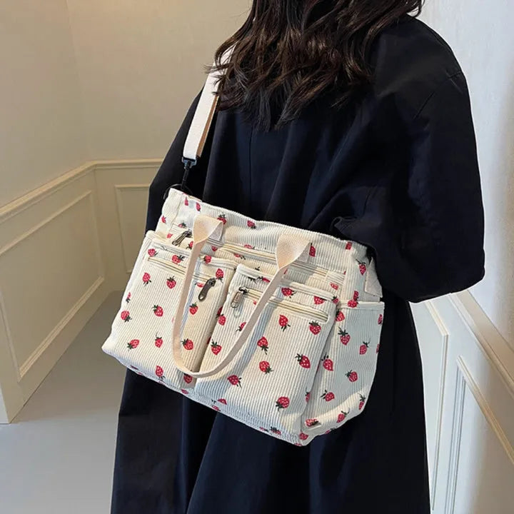 AISHA - Strawberry Print Corduroy Shoulder Bag