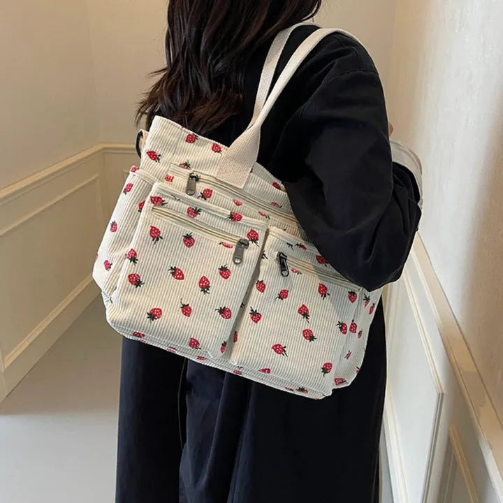 AISHA - Strawberry Print Corduroy Shoulder Bag