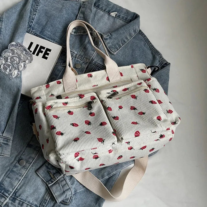 AISHA - Strawberry Print Corduroy Shoulder Bag